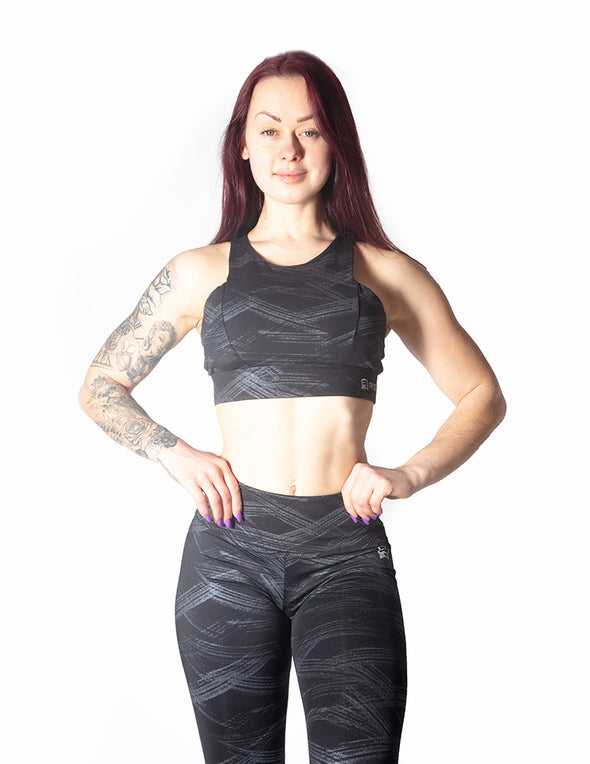RACERBACK SPORTS BRA WITH GRAPHIC PRINT - BLACK - Rise Above Fear, High Performance Activewear, Sportswear