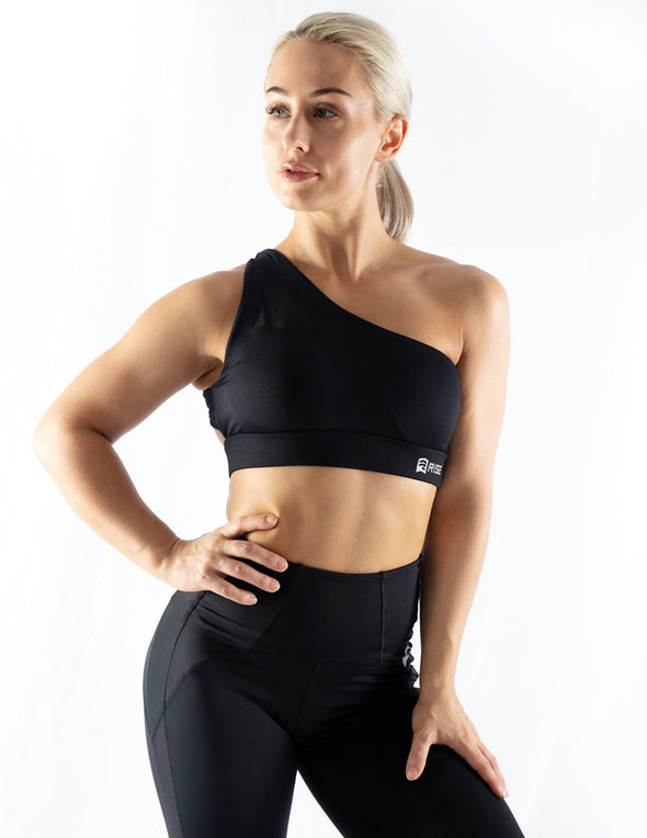 ONE SHOULDER MESH SPORTS BRA - BLACK