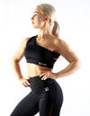 ONE SHOULDER MESH SPORTS BRA - BLACK